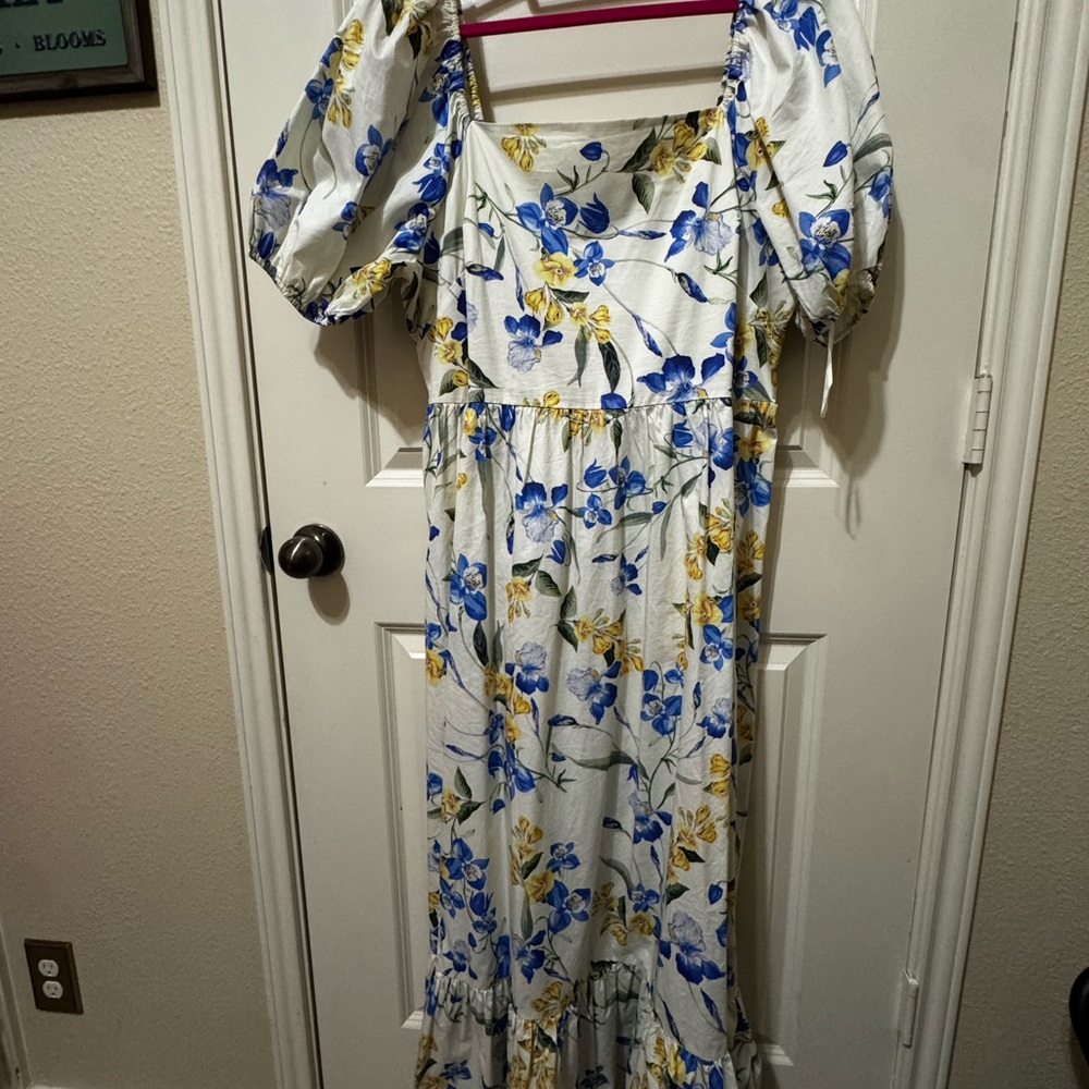Express White and Blue Puff Sleeve Maxi Dress